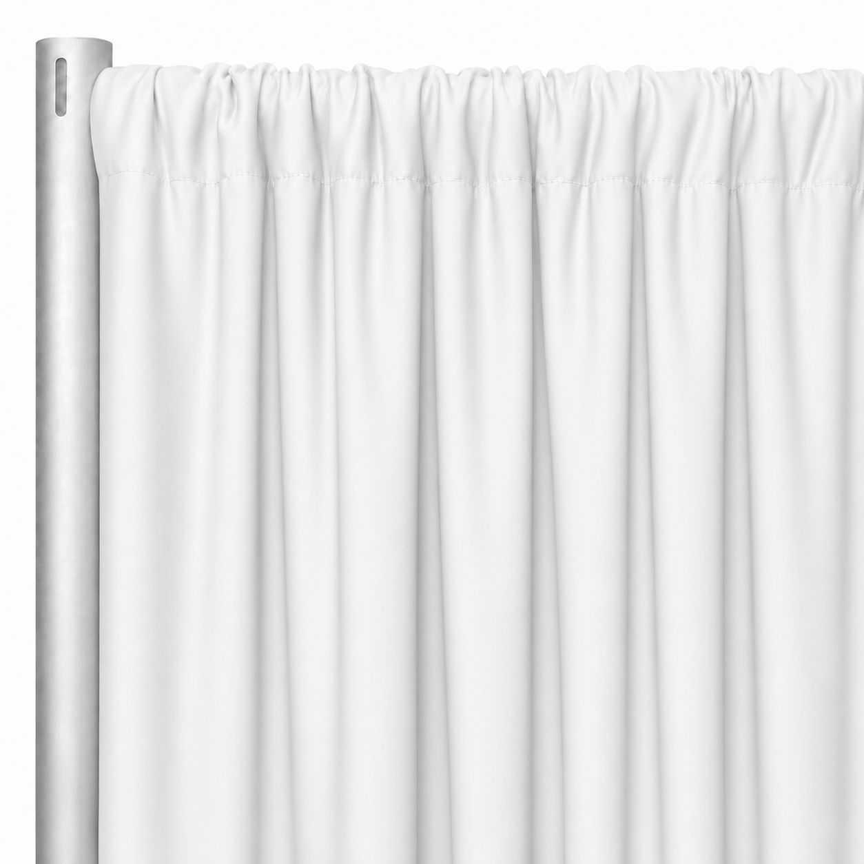 White Scuba drapery gathered on a metal support, showing the original white fabric and folds